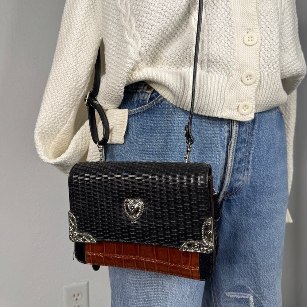 Coldwater Creek Western Purse Black Woven Brown Croc Embossed Crossbody Bag Boho